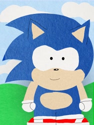 Size: 768x1024 | Tagged: safe, artist:saberarts1, sonic the hedgehog, 2021, abstract background, clouds, looking at viewer, male, smile, solo, solo male, south park, standing, style emulation