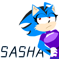 Size: 800x800 | Tagged: safe, artist:yeahimakiralol, oc, oc:sasha the hedgehog, 2023, blue fur, cheek fluff, chest fluff, colored quills, english text, fankid, female, frown, hand on hip, looking offscreen, magical gay spawn, parent:shadow, parent:sonic, parents:sonadow, red eyes, solo