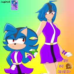 Size: 1024x1024 | Tagged: safe, artist:yeahimakiralol, oc, oc:sasha the hedgehog, hedgehog, human, 2023, abstract background, chaos emerald, colored quills, dress, duality, fankid, female, frown, humanized, lidded eyes, looking at each other, magical gay spawn, parent:shadow, parent:sonic, parents:sonadow, red eyes, solo, solo female, standing