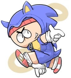 Size: 1080x1176 | Tagged: artist needed, source needed, safe, sonic the hedgehog, human, sonic adventure, abstract background, barely sonic related, clenched teeth, cosplay, kigurumi, looking at viewer, male, posing, smile, solo, solo male, south park, stan marsh