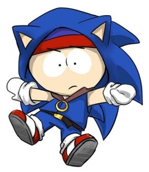 Size: 400x464 | Tagged: artist needed, source needed, safe, sonic the hedgehog, barely sonic related, beanie, cosplay, frown, kigurumi, looking at viewer, male, mid-air, simple background, solo, solo male, south park, stan marsh, white background
