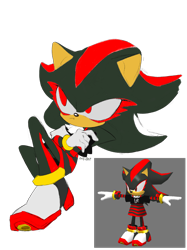 Size: 1535x2048 | Tagged: safe, artist:sefuter, shadow the hedgehog, arms folded, au:girl (mykell cube), frown, looking up, nonbinary, reference inset, signature, simple background, skirt, solo, transparent background