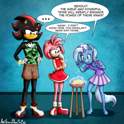 Size: 3500x3500 | Tagged: safe, artist:anibaruthecat, amy rose, shadow the hedgehog, crossover, magic, my little pony, ring, trixie, unicorn
