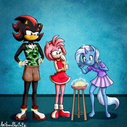 Size: 3500x3500 | Tagged: safe, artist:anibaruthecat, amy rose, shadow the hedgehog, alternate version, crossover, magic, my little pony, ring, textless version, trixie, unicorn