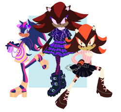 Size: 1908x1764 | Tagged: safe, artist:aventurinedraws, shadow the hedgehog, abstract background, alternate outfit, boots, chain, dress, heels, lineless, nonbinary, shirt, skirt, smile, solo, standing, sunglasses