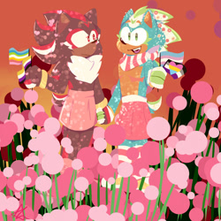 Size: 1000x1000 | Tagged: safe, artist:inkies-art, shadow the hedgehog, sonic the hedgehog, 31 days sonic, abstract background, ace, asexual pride, duo, flag, flower, gay, holding hands, male, mouth open, nonbinary, nonbinary pride, panromantic, panromantic pride, queer pride, shadow x sonic, shipping, skirt, smile, standing, top surgery scars, trans male, trans pride, transgender