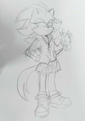 Size: 1292x1840 | Tagged: safe, artist:dailyshadowdoodles, shadow the hedgehog, drink, eyelashes, frown, grey background, hand on hip, holding something, jacket, lidded eyes, long tail, looking at viewer, monochrome, nonbinary, simple background, sketch, skirt, solo