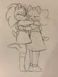 Size: 1536x2048 | Tagged: safe, artist:dragon-spaghetti, shadow the hedgehog, sonic the hedgehog, dress, duo, genderfluid, hugging, looking at them, monochrome, nonbinary, shadow x sonic, shipping, simple background, sketch, skirt, smile, traditional media, wink