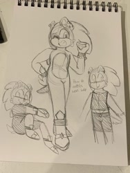 Size: 1536x2048 | Tagged: safe, artist:dragon-spaghetti, sonic the hedgehog, chaos emerald, crop top, dress, ear piercing, genderfluid, holding something, shorts, simple background, sitting, sketch, smile, solo, standing, traditional media, wink