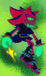 Size: 811x1335 | Tagged: safe, artist:andva-ri, shadow the hedgehog, abstract background, alternate version, boots, chain, frown, green sclera, lidded eyes, limited palette, looking offscreen, nonbinary, shirt, skirt, solo, sparkles, spiked bracelet