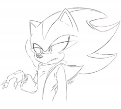 Size: 1958x1766 | Tagged: safe, artist:sefuter, shadow the hedgehog, bust, claws, clenched teeth, fingerless gloves, frown, jacket, lidded eyes, looking offscreen, monochrome, nonbinary, signature, simple background, sketch, solo, white background