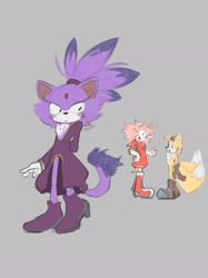 Size: 1535x2048 | Tagged: safe, artist:sefuter, amy rose, blaze the cat, miles "tails" prower, amy x blaze, blushing, crush, grey background, lesbian, looking at them, simple background, standing, trio