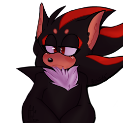 Size: 1024x1024 | Tagged: safe, artist:orchiiids, shadow the hedgehog, blushing, bust, ear fluff, eyelashes, frown, lidded eyes, looking offscreen, male, solo, solo male