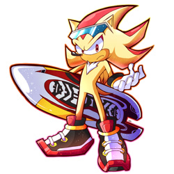 Size: 1500x1500 | Tagged: safe, artist:peepo, shadow the hedgehog, super shadow, extreme gear, frown, holding something, looking at viewer, male, simple background, solo, solo male, sonic riders: tournament edition, sparkles, standing, sunglasses, super form, white background