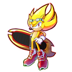 Size: 1500x1500 | Tagged: safe, artist:peepo, sonic the hedgehog, super sonic, extreme gear, hand on hip, holding something, looking at viewer, simple background, smile, solo, solo male, sonic riders: tournament edition, sparkles, super form, white background