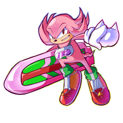 Size: 1500x1500 | Tagged: safe, artist:peepo, knuckles the echidna, super knuckles, clenched teeth, extreme gear, goggles, goggles around neck, male, mid-air, simple background, solo, solo male, sonic riders: tournament edition, sparkles, super form, white background