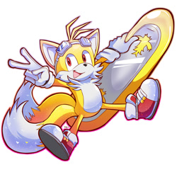 Size: 1500x1500 | Tagged: safe, artist:peepo, miles "tails" prower, super tails, extreme gear, flying, goggles, goggles on head, male, mid-air, mouth open, simple background, solo, solo male, sonic riders: tournament edition, sparkles, super form, v sign, white background