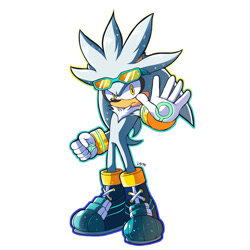 Size: 1500x1500 | Tagged: safe, artist:peepo, silver the hedgehog, frown, looking at viewer, male, signature, simple background, solo, solo male, sonic riders: tournament edition, sparkles, standing, sunglasses, white background