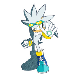 Size: 1500x1500 | Tagged: safe, artist:peepo, silver the hedgehog, alternate version, frown, looking at viewer, male, riders style, signature, simple background, solo, solo male, sonic riders: tournament edition, standing, sunglasses, white background