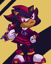 Size: 960x1200 | Tagged: safe, artist:skeletonpendeja, shadow the hedgehog, chao, abstract background, annoyed, au:girl (mykell cube), crop top, dark chao, fishnets, frown, holding something, keychain, lipstick, looking at something, nonbinary, phone, skirt, solo, standing