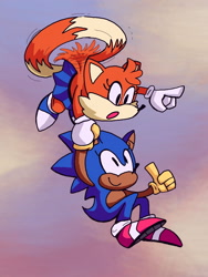 Size: 960x1280 | Tagged: safe, artist:skeletonpendeja, miles "tails" prower, sonic the hedgehog, abstract background, blue shoes, classic sonic, classic tails, duo, eyelashes, flying, holding hands, holding them, mouth open, pointing, skirt, smile, spinning tails, thumbs up, trans female, transgender, yellow gloves