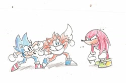 Size: 1024x679 | Tagged: safe, artist:skeletonpendeja, knuckles the echidna, miles "tails" prower, sonic the hedgehog, ..., blue shoes, classic knuckles, classic sonic, classic tails, eyelashes, frown, looking at them, meme, simple background, smile, standing, sweatdrop, team sonic, trans female, transgender, trio, white background