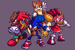 Size: 2048x1365 | Tagged: safe, artist:skeletonpendeja, amy rose, knuckles the echidna, miles "tails" prower, sonic the hedgehog, blue shoes, eyelashes, flying, group, hat, holding something, looking ahead, one fang, piko piko hammer, purple background, simple background, skirt, smile, soap shoes, standing, team sonic, trans female, transgender, v sign, yellow gloves
