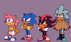Size: 1600x960 | Tagged: safe, artist:skeletonpendeja, amy rose, shadow the hedgehog, silver the hedgehog, sonic the hedgehog, arms folded, classic amy, classic style, eyelashes, frown, group, heart chest, looking offscreen, natural alt, natural amy rose, poncho, purple background, simple background, skirt, smile, yellow gloves, yellow sclera