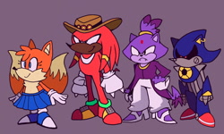 Size: 1600x960 | Tagged: safe, artist:skeletonpendeja, blaze the cat, knuckles the echidna, metal sonic, miles "tails" prower, black sclera, blue shoes, earring, eyelashes, fangs, frown, group, hat, looking offscreen, purple background, robot, simple background, skirt, smile, standing, trans female, transgender