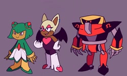 Size: 1600x960 | Tagged: safe, artist:skeletonpendeja, cosmo the seedrian, e-123 omega, rouge the bat, black sclera, ear piercing, heart nose, looking offscreen, purple background, robot, simple background, smile, standing, trio