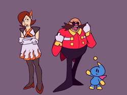 Size: 1280x960 | Tagged: safe, artist:skeletonpendeja, princess elise, robotnik, chao, human, arms folded, female, freckles, frown, genderless, male, mouth open, neutral chao, purple background, simple background, smile, trio