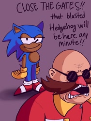 Size: 960x1280 | Tagged: safe, artist:skeletonpendeja, robotnik, sonic the hedgehog, human, dialogue, duo, english text, eyelashes, grin, lidded eyes, looking at them, mouth open, purple background, simple background, smile, standing, that hedgehog sure is fast, this won't end well, yellow gloves
