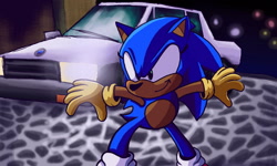 Size: 1600x960 | Tagged: safe, artist:skeletonpendeja, sonic the hedgehog, sonic adventure, abstract background, arms out, car, eyelashes, looking ahead, nighttime, outdoors, redraw, smile, solo, standing, station square, yellow gloves