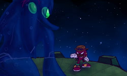 Size: 1600x960 | Tagged: safe, artist:skeletonpendeja, chaos, knuckles the echidna, sonic adventure, abstract background, duo, fighting pose, glowing eyes, hat, looking at each other, master emerald, nighttime, outdoors, redraw, standing, star (sky)