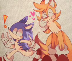 Size: 1900x1600 | Tagged: safe, artist:kreese_krease, miles "tails" prower, sonic the hedgehog, blushing, cute, duo, exclamation mark, horn sign, redesign, smile, sonabetes, standing, tailabetes