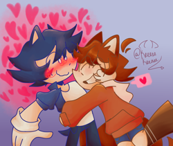 Size: 1900x1600 | Tagged: safe, artist:kreese_krease, sonic the hedgehog, human, blushing, cute, duo, gay, gradient background, heart, hugging, humanized, shipping, signature, smile, sonabetes, sonic x tails, standing, tailabetes
