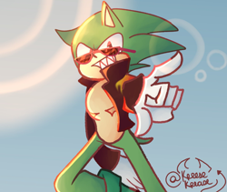 Size: 1900x1600 | Tagged: safe, artist:kreese_krease, scourge the hedgehog, abstract background, looking at viewer, pointing, signature, smile, solo, standing, top surgery scars, trans male, transgender