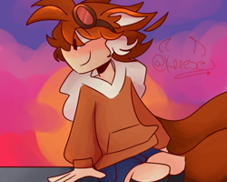 Size: 2000x1600 | Tagged: safe, artist:kreese_krease, miles "tails" prower, human, abstract background, blushing, floppy ears, goggles, goggles on head, humanized, looking offscreen, signature, sitting, smile, solo, sunset