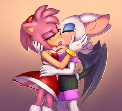 Size: 1200x1091 | Tagged: suggestive, artist:krazyelf, amy rose, rouge the bat, amy's halterneck dress, french kiss, gradient background, kiss, lesbian, rougamy, rouge's heart top, shipping