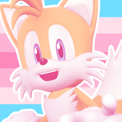 Size: 350x350 | Tagged: safe, artist:dogboy-pride-time, miles "tails" prower, 3d, abstract background, icon, looking at viewer, outline, pride flag background, solo, trans female, trans girl tails, transfem pride, transgender
