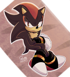 Size: 969x1060 | Tagged: safe, artist:quark19601, shadow the hedgehog, 2019, abstract background, frown, lidded eyes, looking offscreen, outline, redesign, signature, solo, tan fur