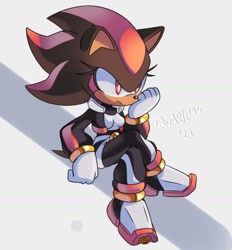 Size: 1545x1662 | Tagged: safe, artist:quark19601, shadow the hedgehog, 2021, abstract background, eyelashes, frown, gender swap, legs crossed, looking offscreen, signature, sitting, solo