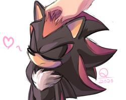 Size: 900x714 | Tagged: safe, artist:quark19601, shadow the hedgehog, human, 2020, ambiguous gender, duo, eyes closed, frown, head scratch, heart, male, signature, simple background, standing, white background