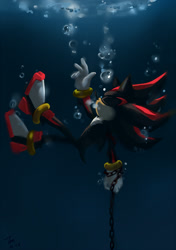 Size: 786x1116 | Tagged: safe, artist:shadeshark, shadow the hedgehog, 2014, abstract background, bubbles, chain, drowning, eyes closed, imminent death, reaching up, solo, underwater