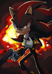 Size: 868x1228 | Tagged: semi-grimdark, artist:shadeshark, shadow the hedgehog, abstract background, bleeding, blood, clenched teeth, explosion, frown, glowing eyes, gun, holding something, injured, looking at viewer, shadow the hedgehog (video game), solo, standing