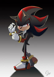 Size: 992x1403 | Tagged: safe, artist:shadeshark, shadow the hedgehog, 2015, frown, gradient background, lidded eyes, looking offscreen, shadow (lighting), signature, solo, standing