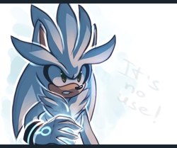 Size: 1256x1050 | Tagged: safe, artist:mintch0c0late, silver the hedgehog, 2014, abstract background, clenched teeth, english text, it's no use, looking offscreen, meme, solo, standing