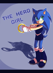 Size: 1612x2201 | Tagged: safe, artist:mintch0c0late, sonic the hedgehog, 2014, abstract background, boots, dress, english text, eyelashes, gender swap, holding something, looking up, outline, ring, shadow (lighting), smile, solo, standing