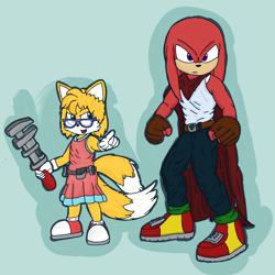 Size: 2500x2500 | Tagged: safe, artist:theowlgoesmoo, knuckles the echidna, miles "tails" prower, gender swap