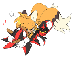 Size: 1071x844 | Tagged: safe, artist:shadails, miles "tails" prower, shadow the hedgehog, blushing, duo, gay, heart, lying back, shadails, shipping, simple background, snuggling, white background